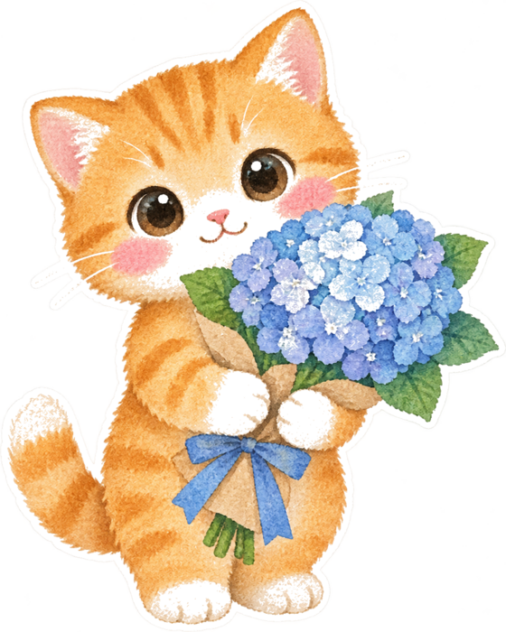 kitten with blue flowers
