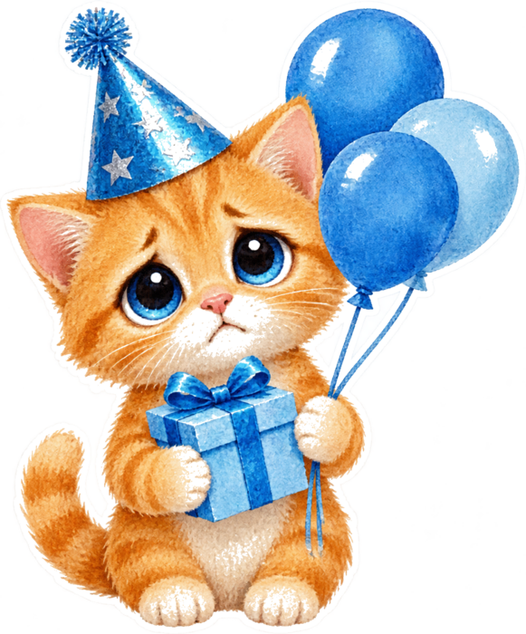 kitten with gift and balloons